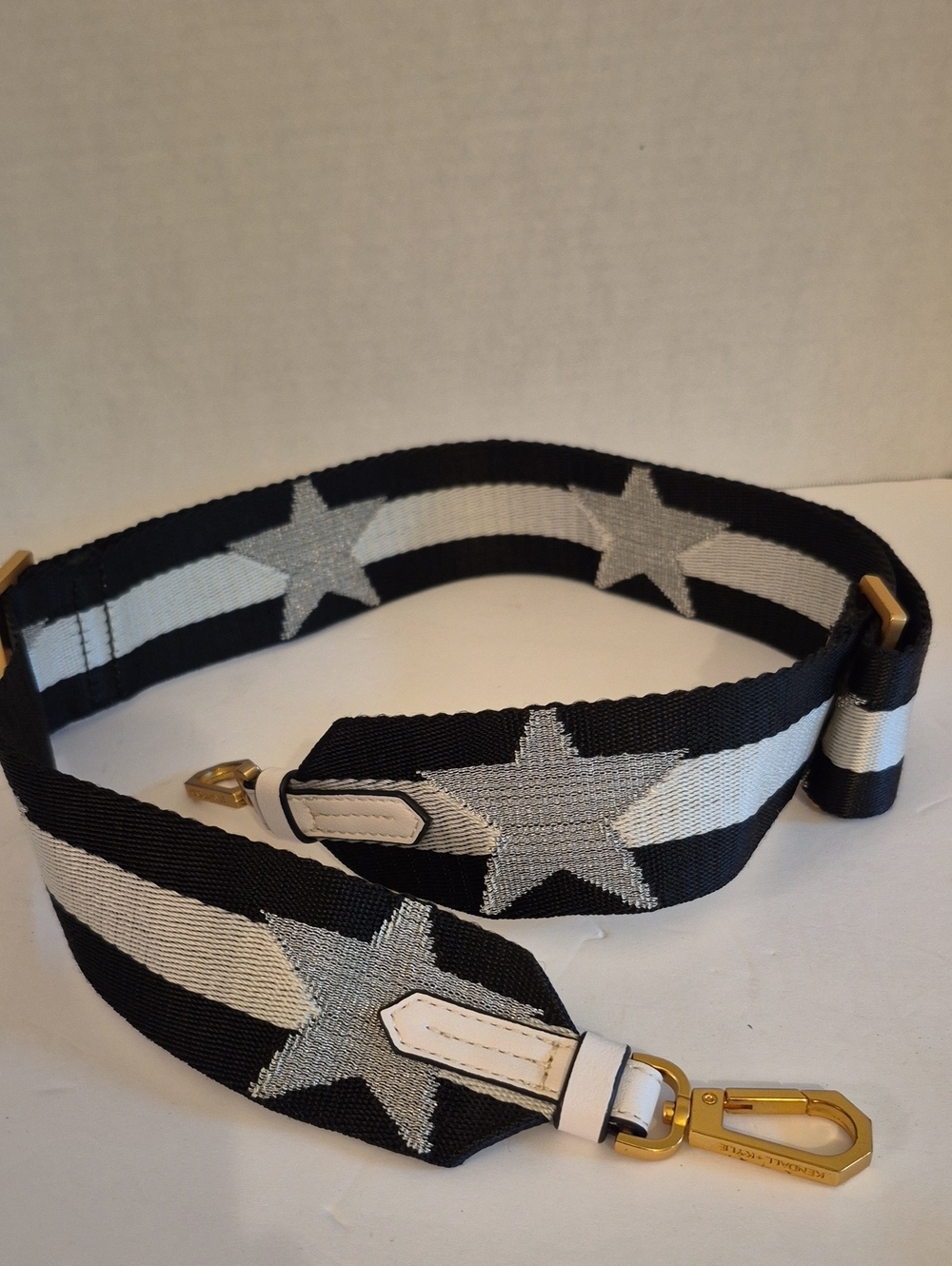 NWOT Adjustable Black & White Star Purse or Guitar Strap with Gold Hardware